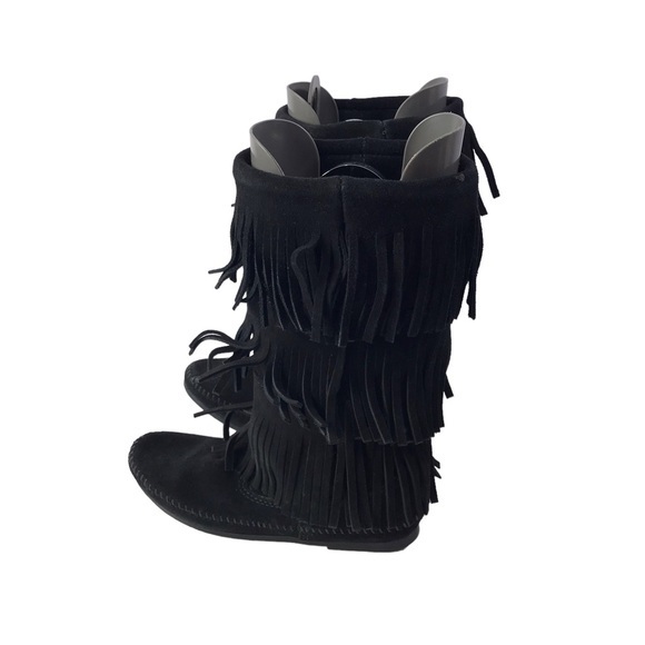 Minnetonka 3 Layer Fringe Moccasin Boot Womens Size 8 Suede Boho Western 1639 - Picture 8 of 11
